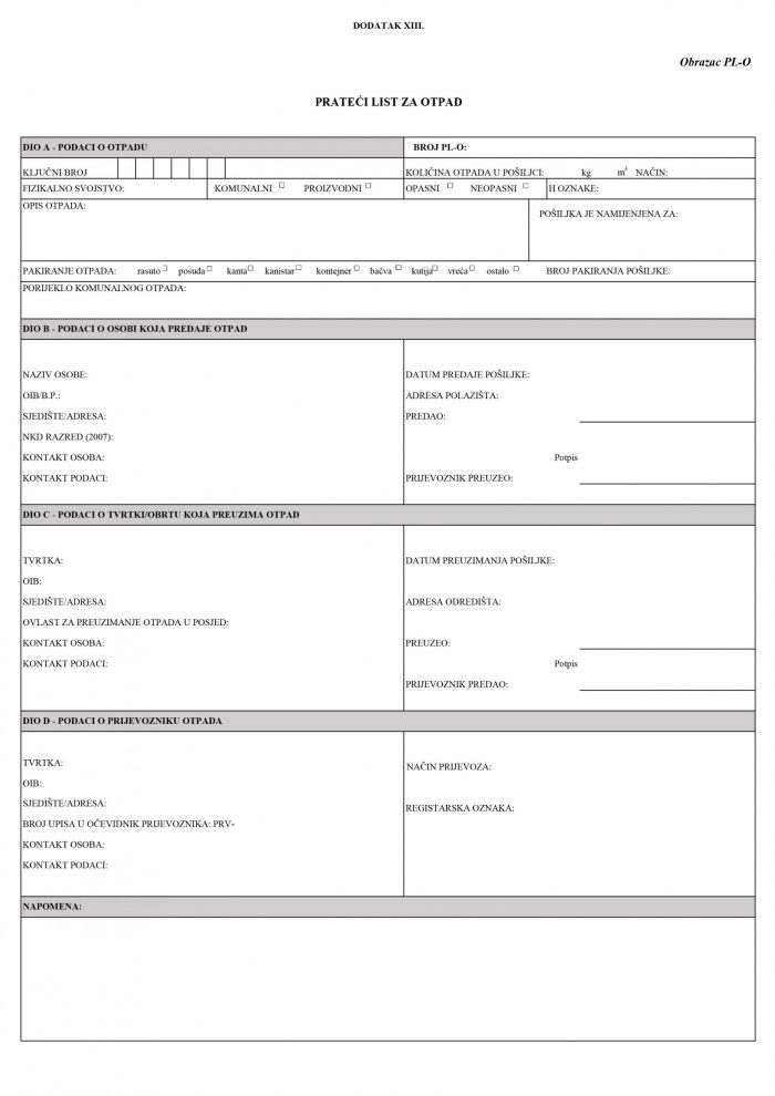 Obrazac PL-O (prateći list)